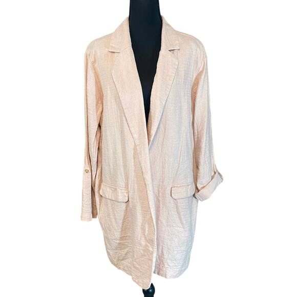 J. Jill Linen Blend Long Blazer Light Pink Roll tab Sleeve Jacket 1X open front - Picture 1 of 8